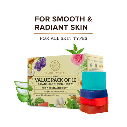 Khadi Natural Herbal Soap Gift Set | Handcrafted Essential Oil Soaps | Pure & Natural | Refreshing & Gentle Cleansing | Provides Naturally Glowing Skin- (Pack of 10)