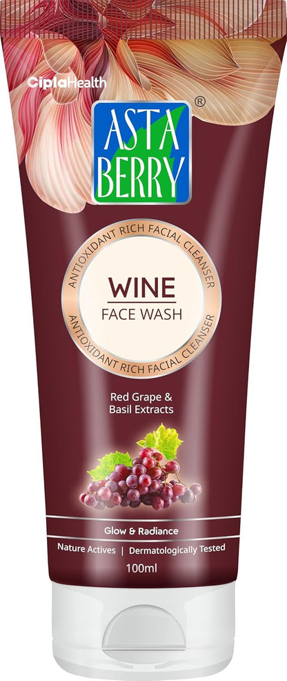 🍇 Astaberry Wine Face Wash – 100ml Antioxidant-Rich Facial Cleanser | With Red Grape & Basil Extracts Pack of 2 (100X2)