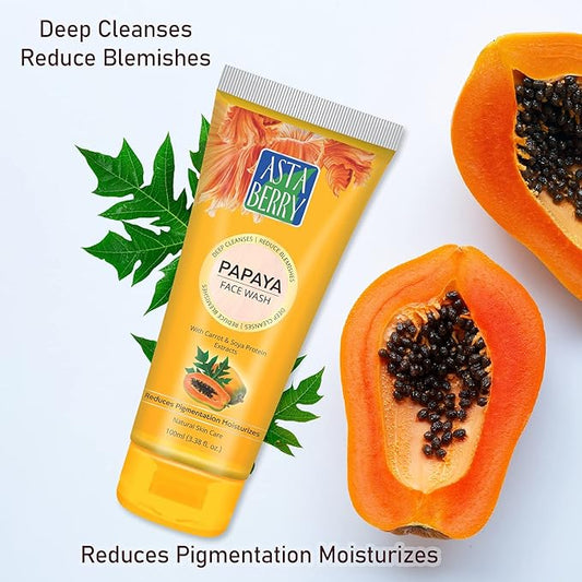 Astaberry Papaya Face Wash – 100ml Deep Cleansing | Helps Reduce Blemishes | With Carrot & Soy Protein Extract Pack of 2 (100X2)