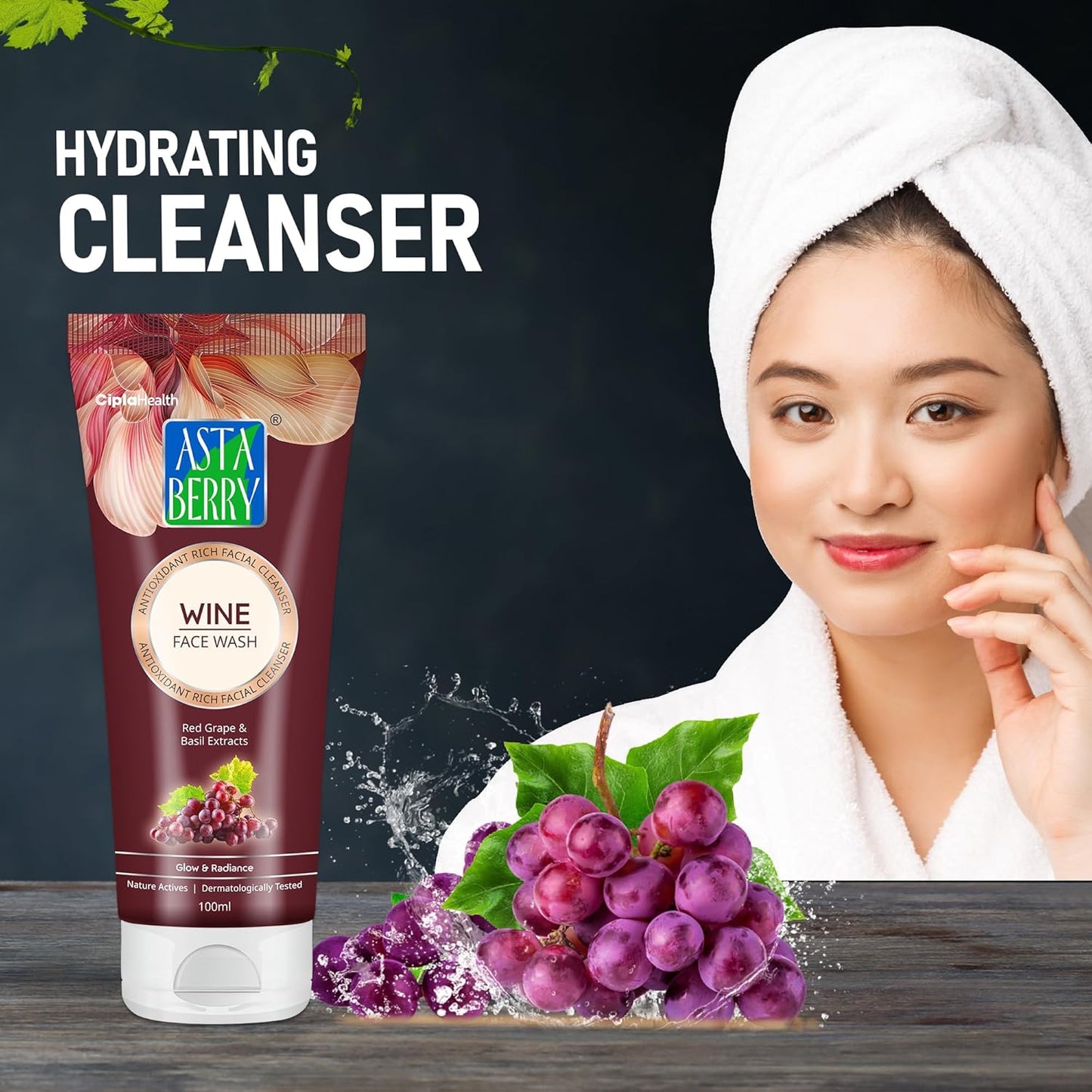🍇 Astaberry Wine Face Wash – 100ml Antioxidant-Rich Facial Cleanser | With Red Grape & Basil Extracts Pack of 2 (100X2)